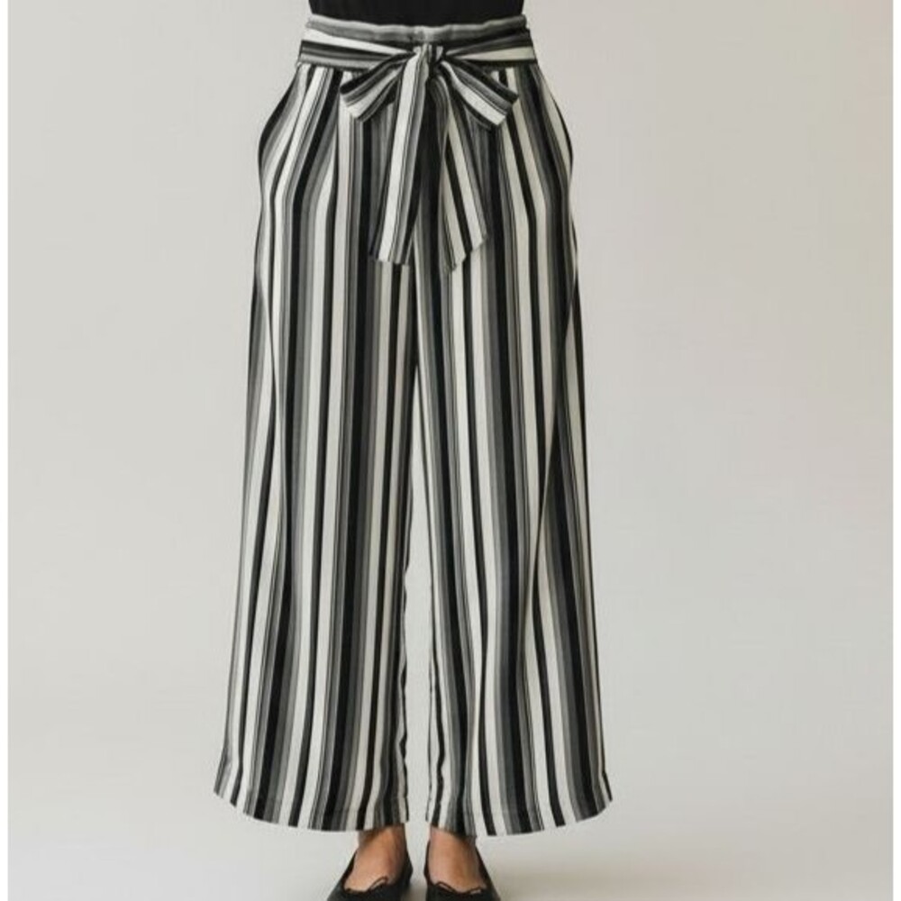 Cynthia Rowley NEW Stripe Palazzo Pants Women Large Black White Bow Wide Leg